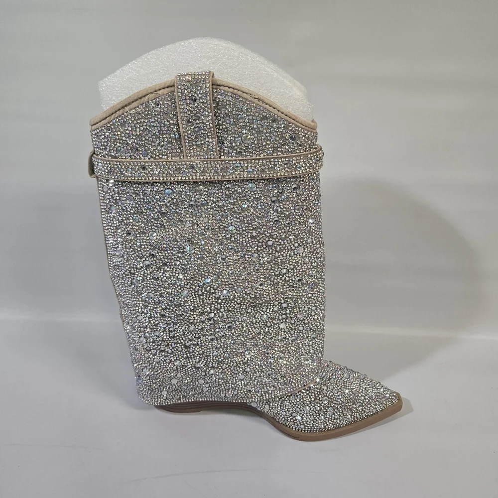 Madden Girl Joe Rhinestone Western Wedge Booties Silver Multi Size 6 NIB